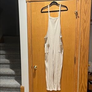 Cream Ribbed Knit Jumpsuit with Pockets